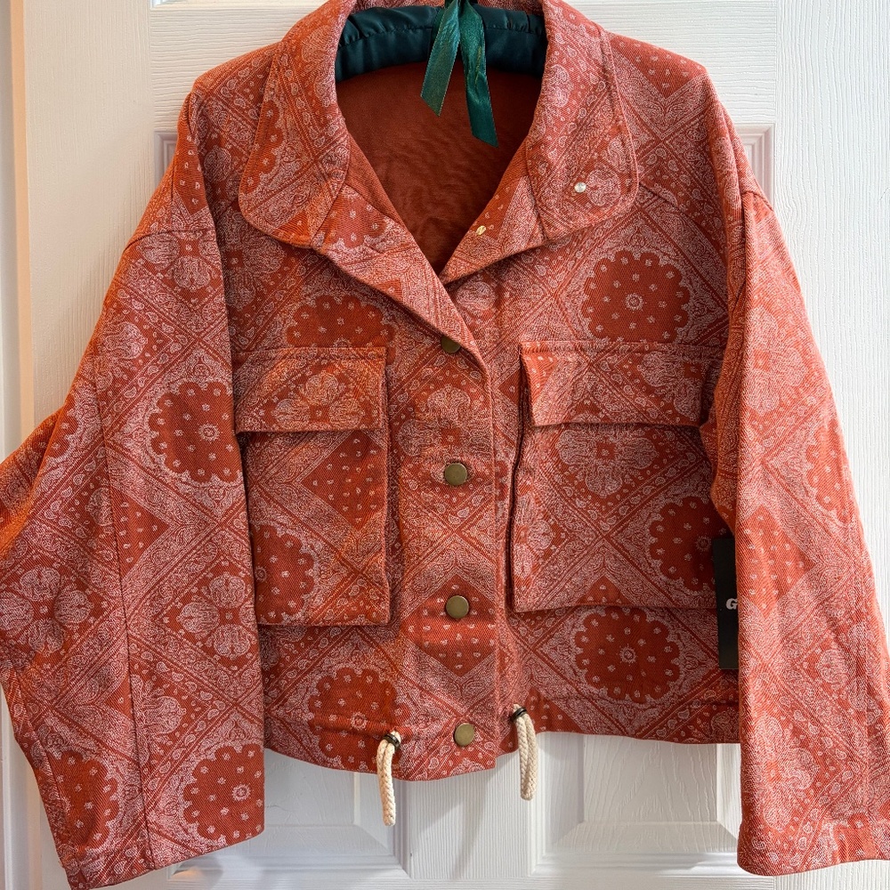 New Easel Button Up Denim mixed Print Denim Shacket Jacket Coral Small Paisley
